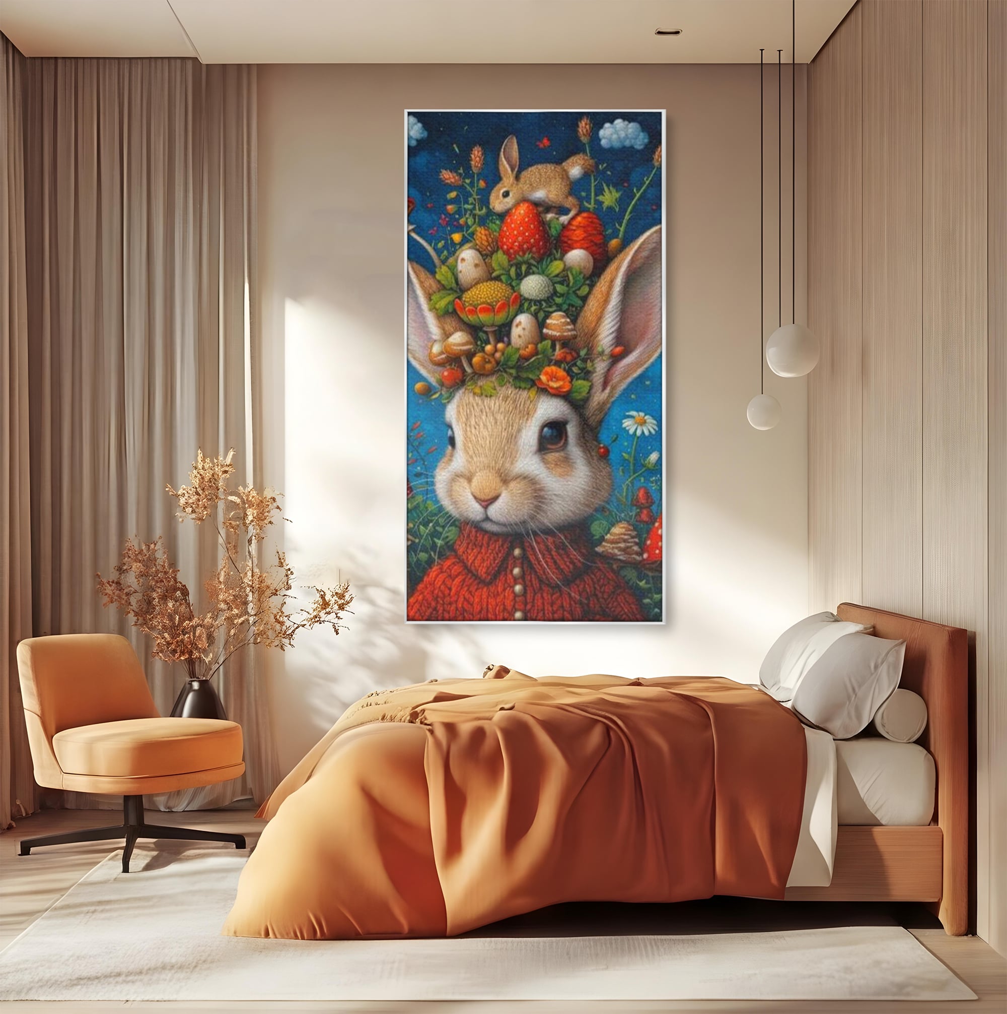 Tablou canvas cu tablou canvas cu iepuras fantastico-forestier, in rama de aluminiu argintiu, pe perete intr-un dormitor